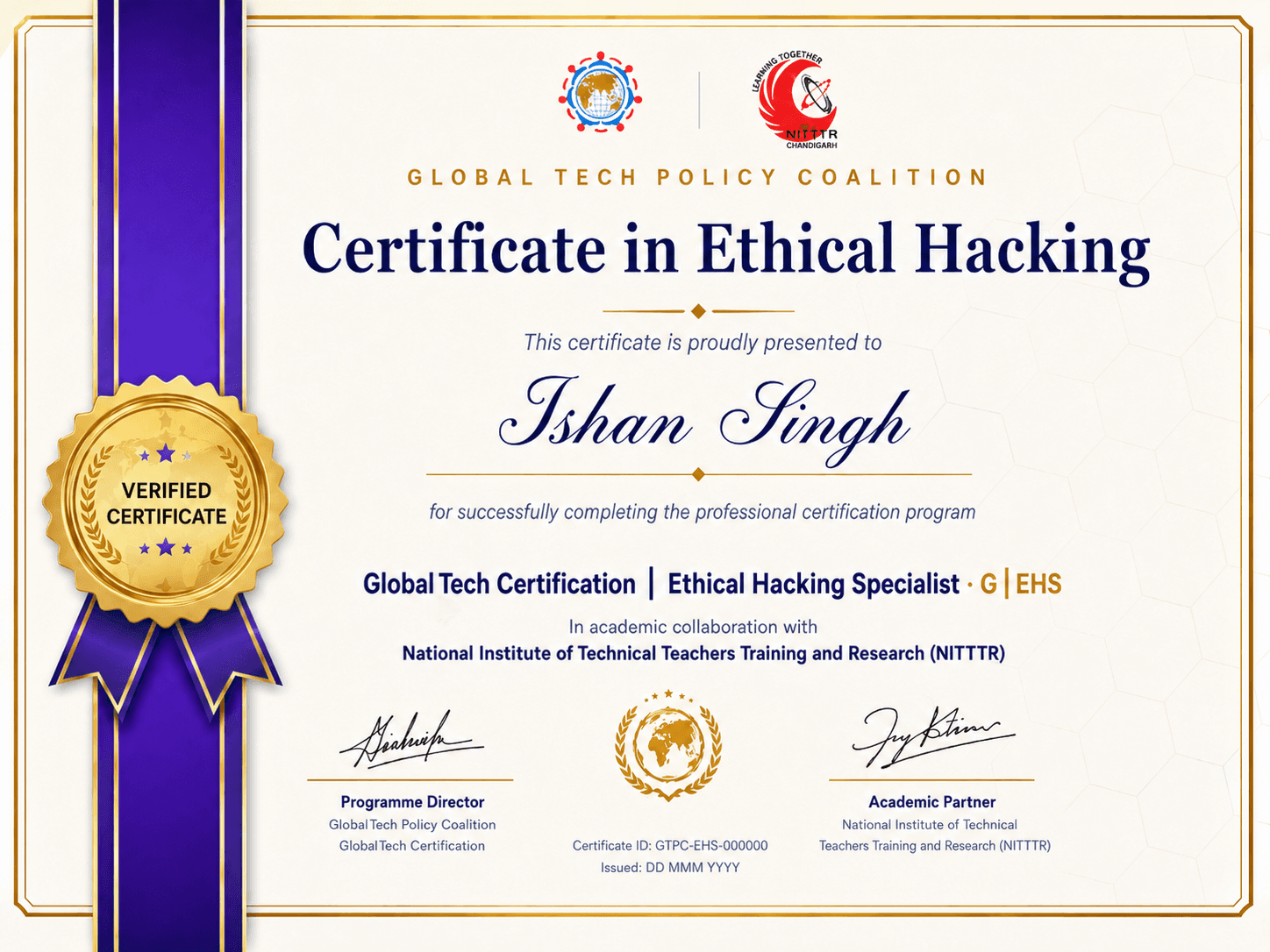 Sample certificate for Global Industrial & Critical Infrastructure Cybersecurity Investigator